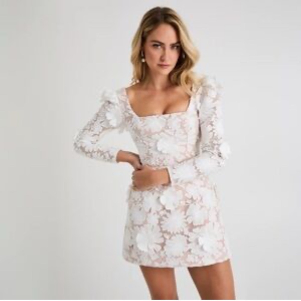 Helsi Women's White Tan Ellen Long Sleeve 3D Floral Mini Dress
